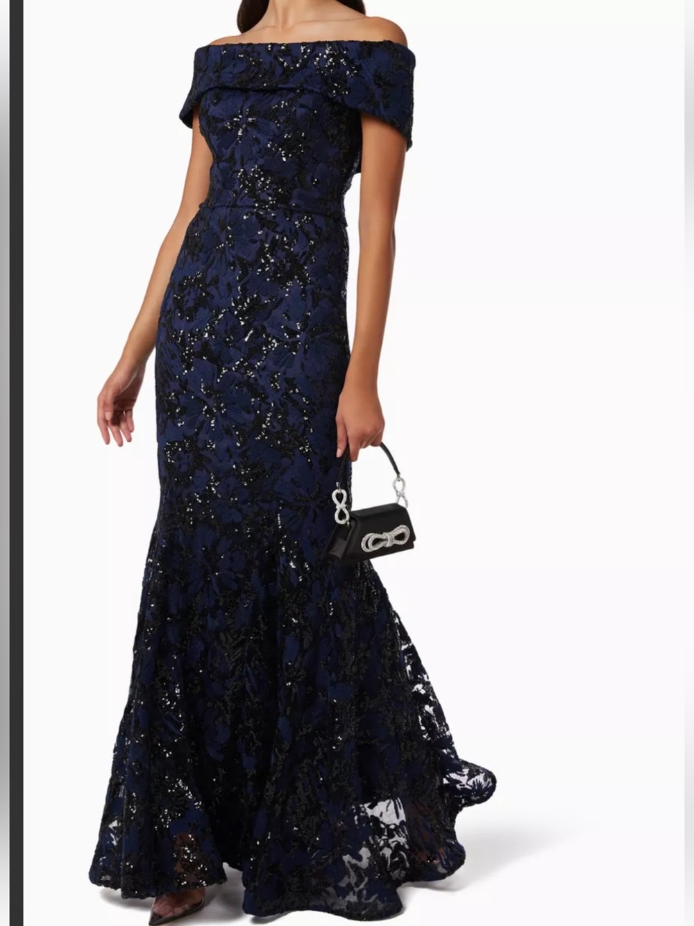 Nicole Bakti Off-Shoulder Navy Lace Maxi Gown